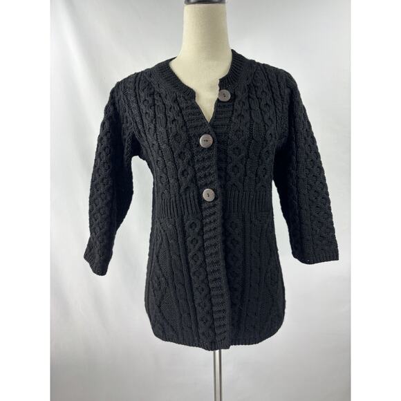 Kilronan Knitwear Cardigan Black XS Pure New Wool Short Sleeve Made in Ireland - Picture 12 of 12